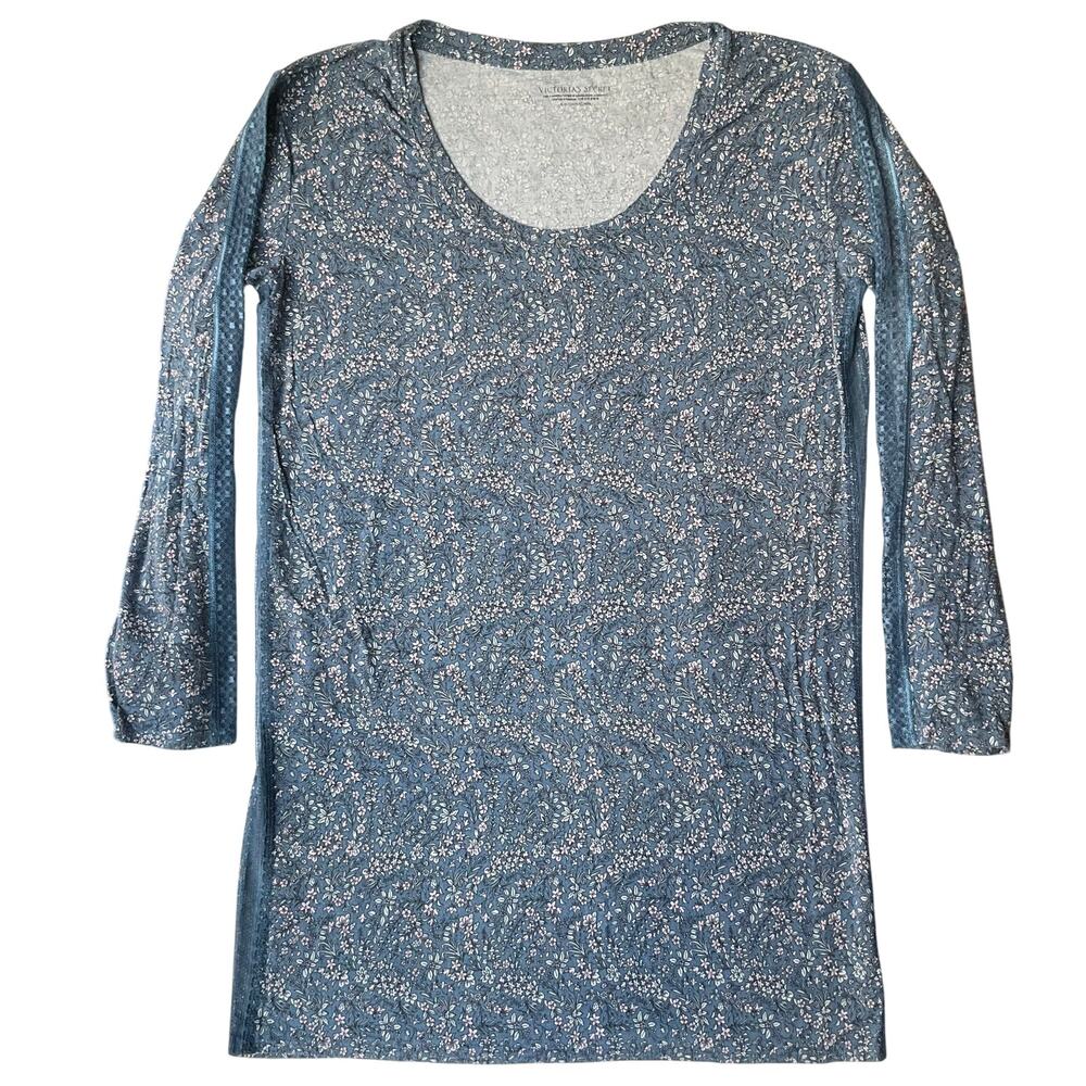 Victoria’s Secret Women Long Sleeve Floral Blouse Size S, Blue,Sheer Lace Detail